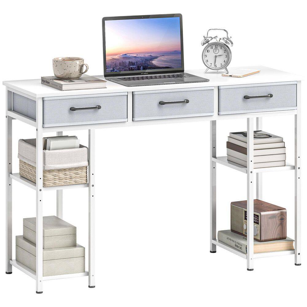 47 in. White Writing Desk with 3 Fabric Drawers and 4 Shelves for Home Office
