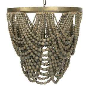 3-Light 2-Tier Draped Wood Bead Chandelier in Gold-Washed Metal Finish
