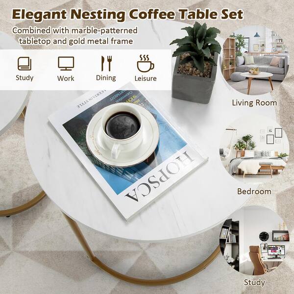 Costway 23.5 in. Marble and Golden Nesting Coffee Table Modern