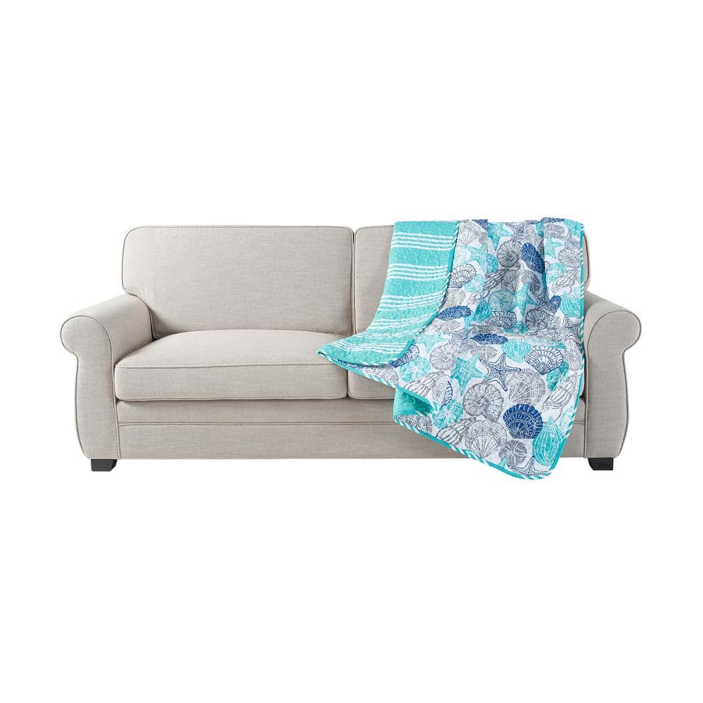 King Size Blue Microfiber Reversible Coastal Quilt Set