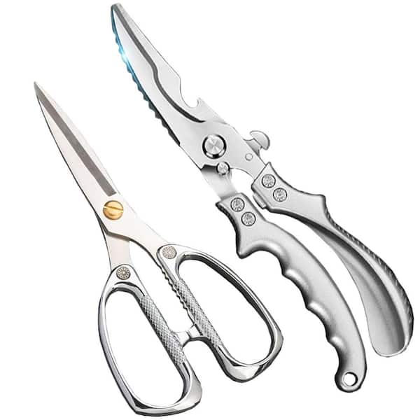 2-Pack Stainless Steel Kitchen Scissors for Food, Meat and Bone, Premium, Heavy Duty Poultry Shears, Silver