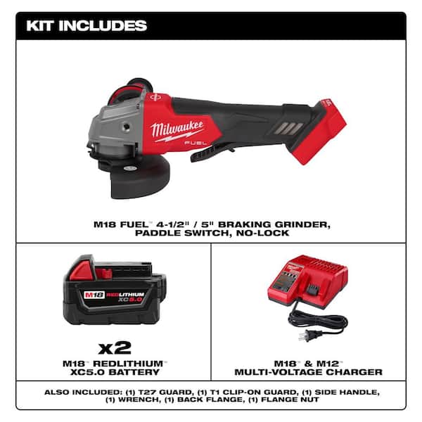 M18 FUEL 18-Volt Lithium-Ion Brushless Cordless 4-1/2 in./5 in. Grinder w/Paddle Switch w/(2) 5.0Ah Batteries & Charger