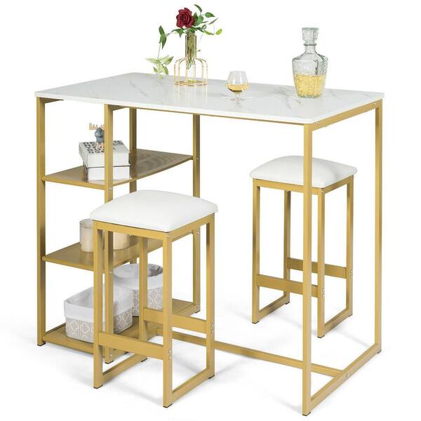 Gold Bar Table And 2 Stools Dining Set, Faux Marble Pub Table And Chairs