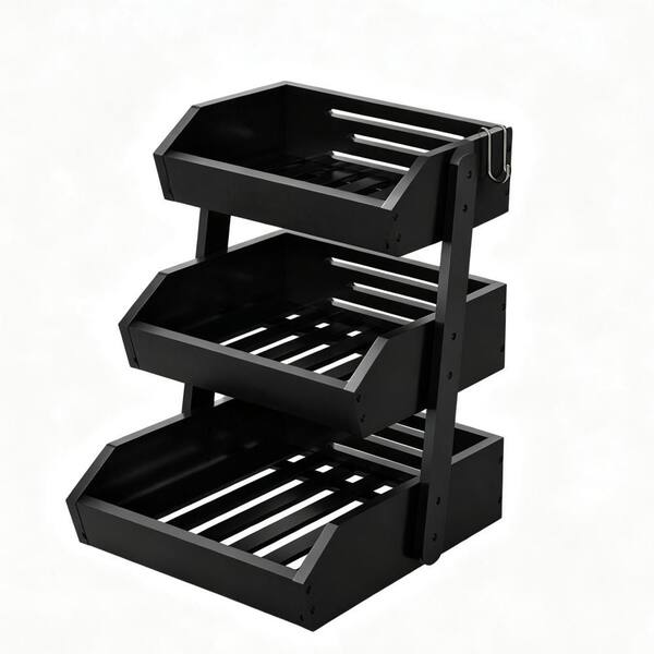 1-Piece Black Bamboo 3 Tier Fruit Basket for Counter with Two Banana Hangers, Large Capacity Fruit Storage Countertop