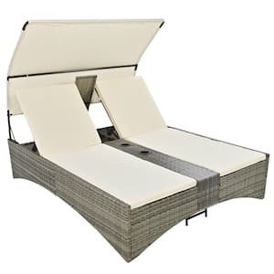 PE Wicker Outdoor Patio Chaise Lounge with Canopy, Adjustable Backrest, Storage Box and White Cushion (2-Person)