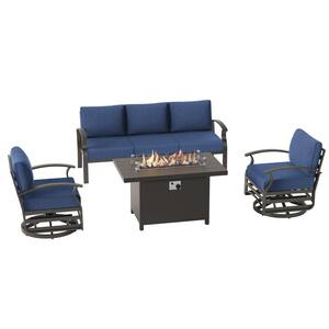 5-Piece Aluminum Patio Conversation Set with armrest, Firepit Table, Swivel Rocking Chairs and Navy-Blue Cushions