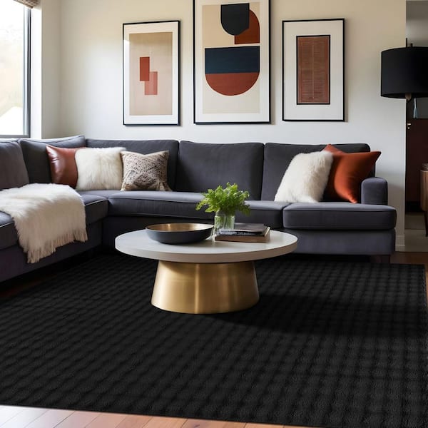 Aurora 8 ft. x 10 ft. Black Non-Slip Rubber Back Washable Polyester Checker Indoor Area Rug