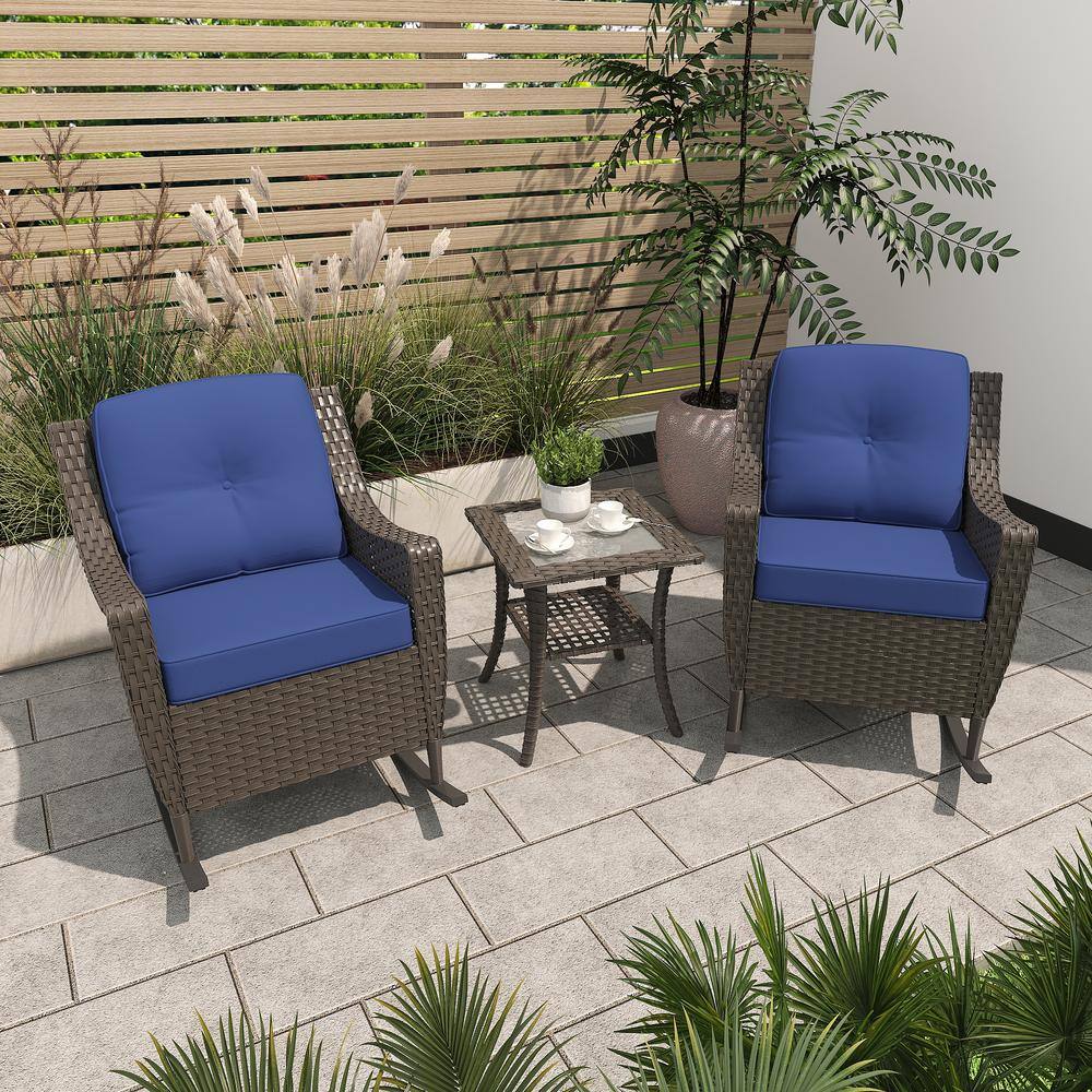 3-Piece Wicker Rocking Chair Patio Conversation Set with Blue Cushions and Glass-Top Side Table price history on PriceWatchPro