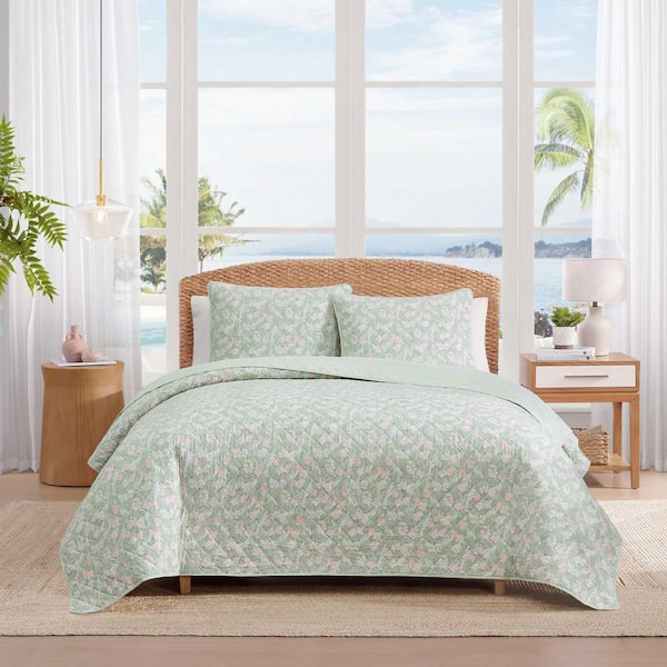Pineapple Bloom 3-Piece Pink/Green Cotton Percale King Quilt Set