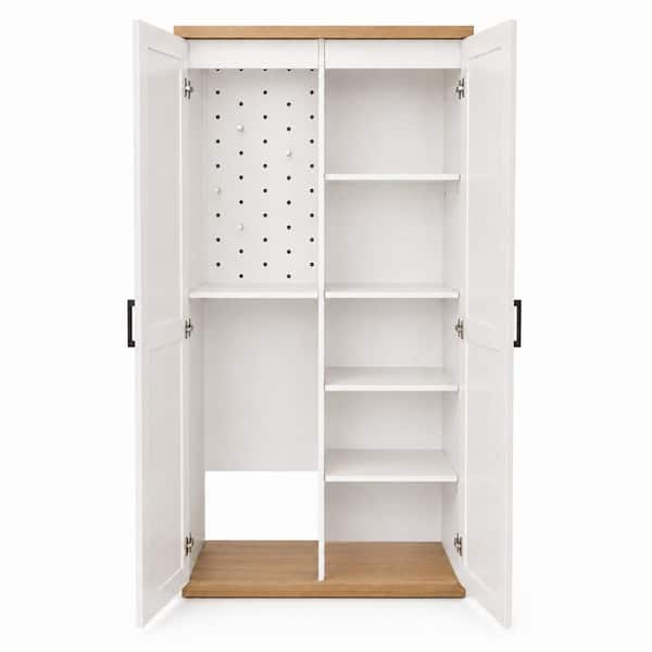 69 in. Tall Wooden Storage Cabinet with Perforated Wood Panel ＆ Doors, Broom Closet Storage Cabinet w/Adjustable Shelves