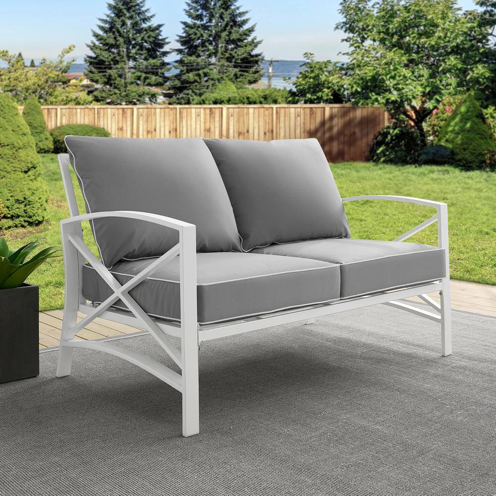 Gray and White Steel Outdoor Loveseat with Cushions