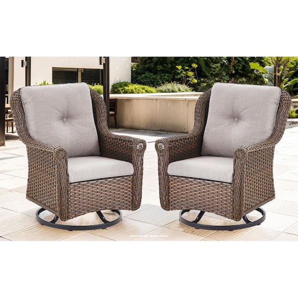 Opohoro Chryswirl Metal and Brown Wicker Outdoor Rocking Chair Patio Swivel Chairs with Olefin Beige Cushions (2-Pack)