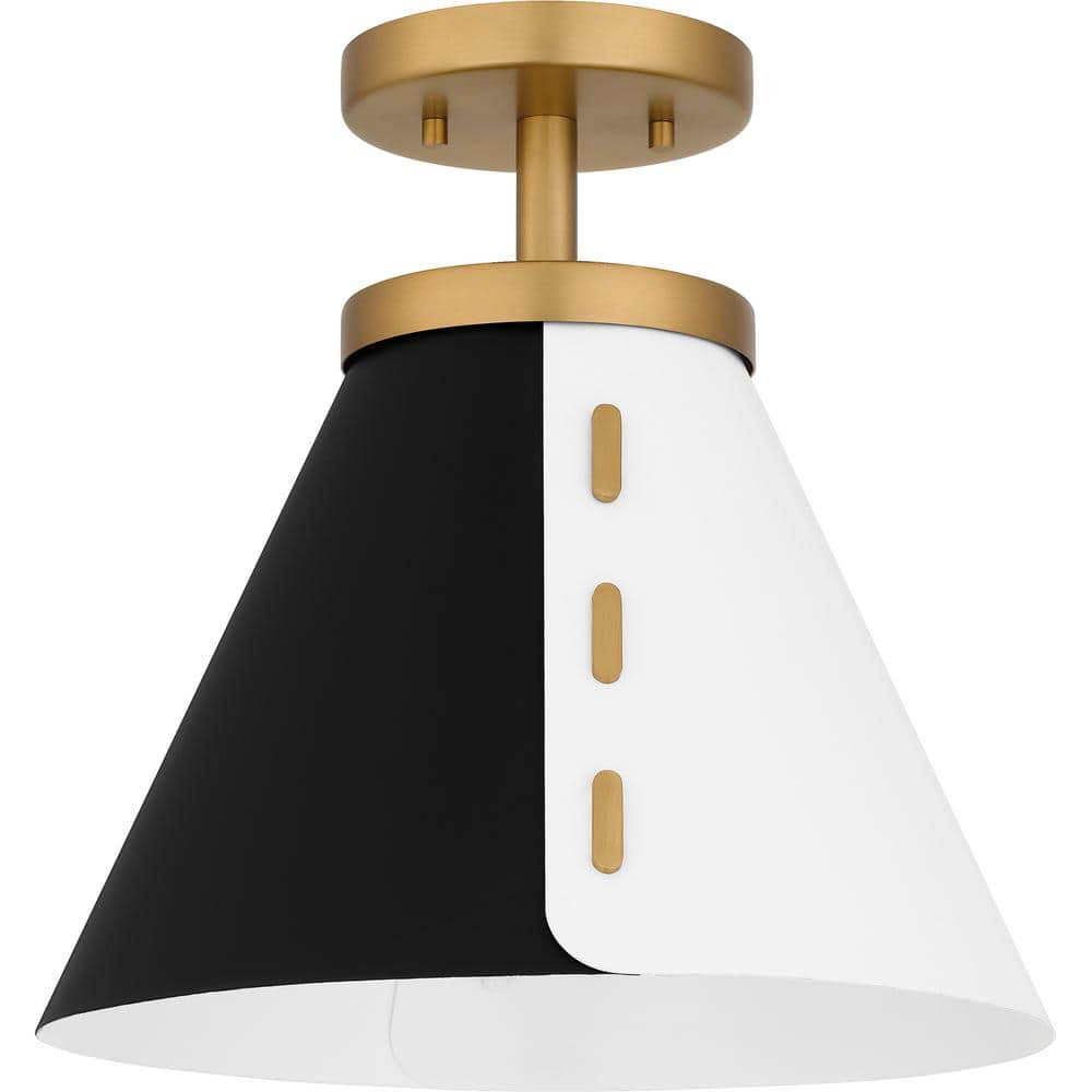 12" Black and White Glass Semi-Flush Mount with Brass Accents