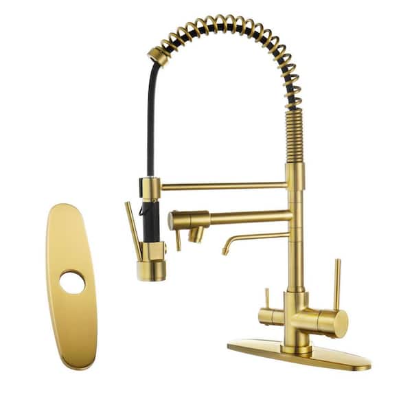 22.3 in. Double Handle Pull Down Sprayer Kitchen Faucet with Drinking Water and 360° Spout Swivel in Gold