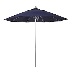 9 ft. Silver Aluminum Commercial Market Patio Umbrella with Fiberglass Ribs and Push Lift in Navy Blue Sunbrella