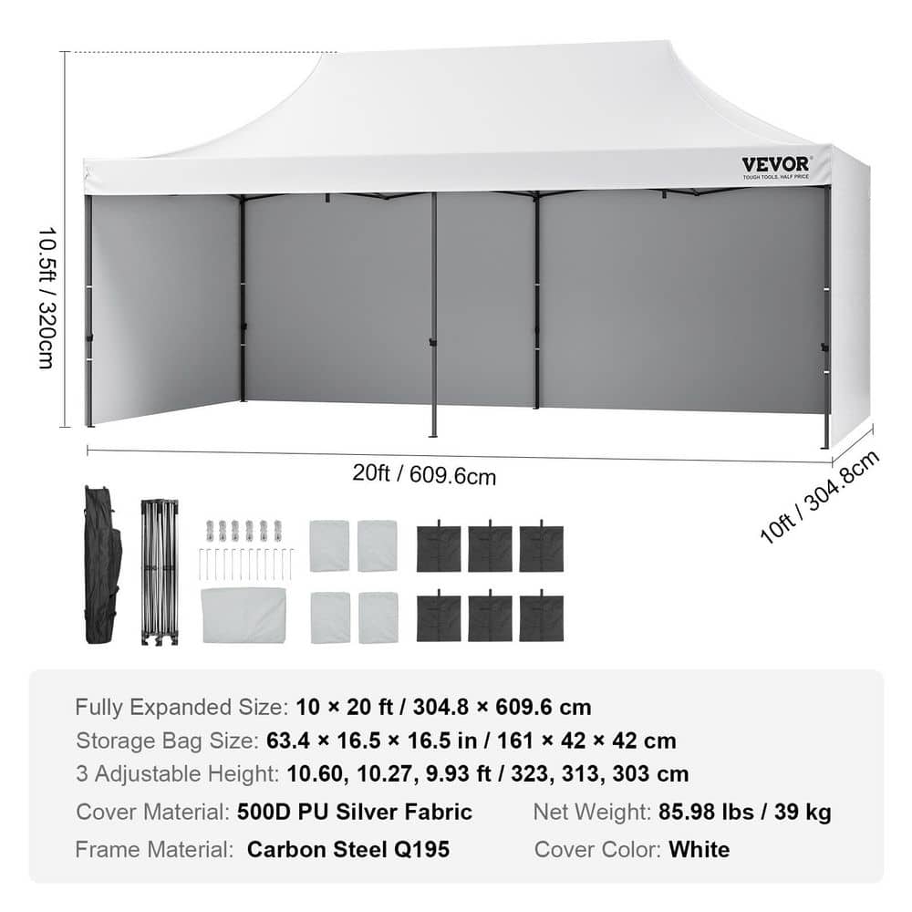 VEVOR 10x20 FT White Pop Up Canopy Tent with Removable Sidewalls