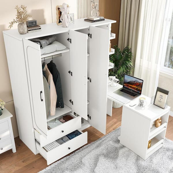 Edalene White 68.9 in. H Storage Cabinet with Convertible Desk, 3 Doors and Multi-Storage Spaces
