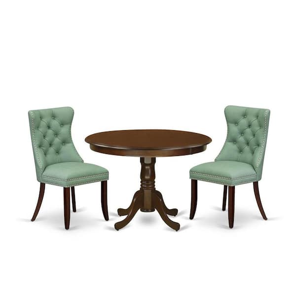 East West Furniture 3-Piece Mahogany Finish Solid Wood Top-Round Upholstered Dining Room Set-Seats 4
