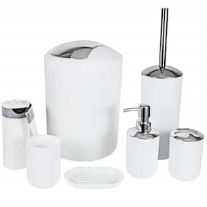 6-Piece Bathroom Accessory Set with Dispenser,Toothbrush Holder,Cup,Soap Dish,Trash Can,Toilet Brush,Trash Bags in White