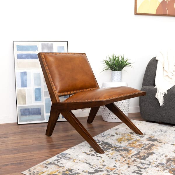 Ashcroft Furniture Co Savana Mid Century Modern Furniture Style Wide Top Leather Tan Brown Comfy Armchair