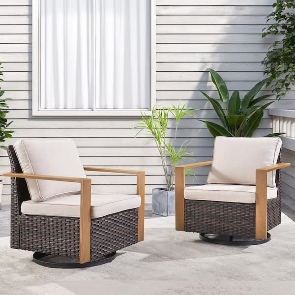 Brown Wicker Outdoor Rocking Chairs, Swivel Patio Chairs with Wood-Looking Metal Arms with Beige Cushions (2-Pack)