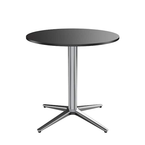 30 in. Black Metal Round Outdoor Bistro Pedestal Table with Silver Thick Steel Legs