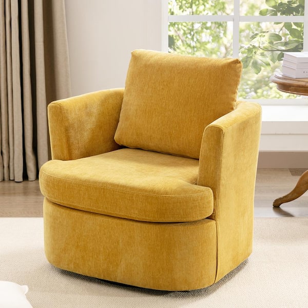 LUE BONA 32 in. W Mustard Chenille Swivel Accent Barrel Chair ...