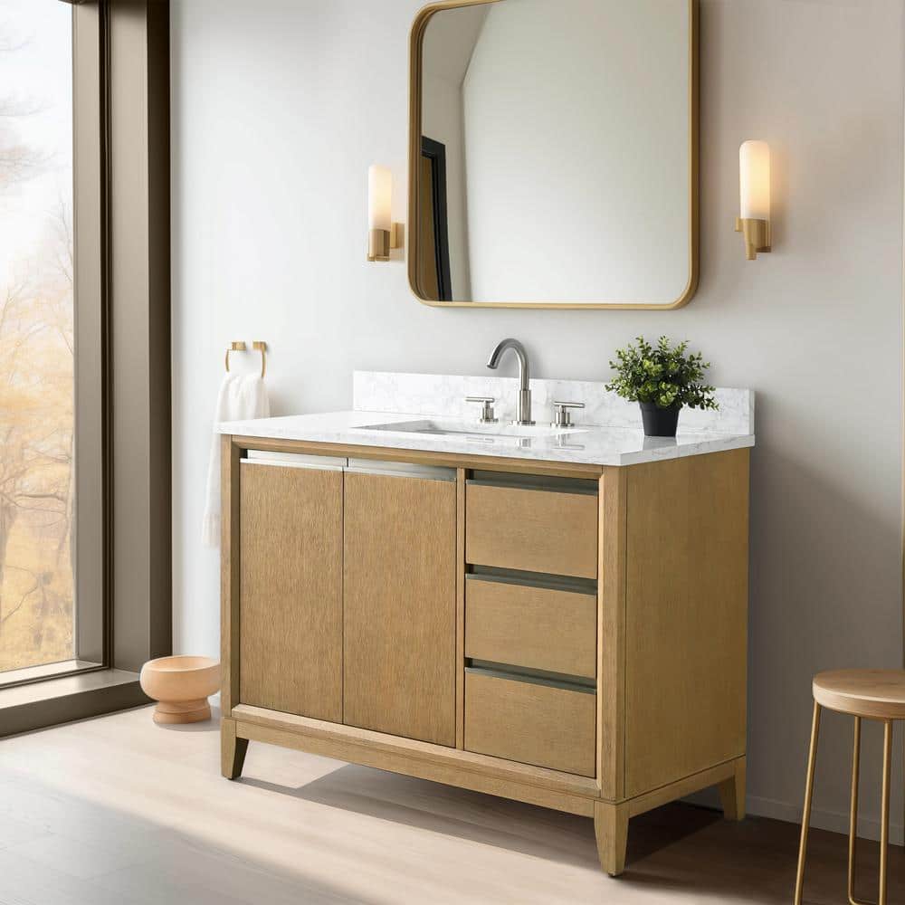 Natural Oak Single Sink Bathroom Vanity with Marble Top