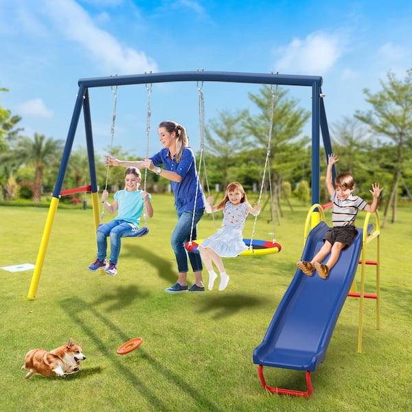 3 in 1 Multi-Person Saucer Swing Sets in Blue, Heavy-Duty Metal