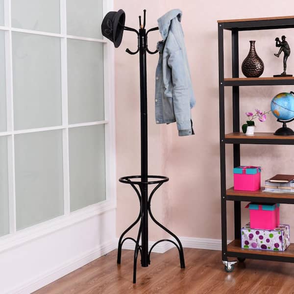 Black Metal Coat Hat Rack Organizer Clothes Hanger Hooks Tree Stand Umbrella Holder