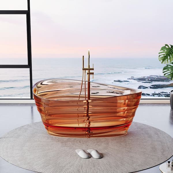 AQUA 62.2 in. x 34.64 in. Soaking Bathtub with Center Drain in Transparent Champagne, Luxury Freestanding Pure Resin Tub