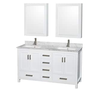 Sheffield 60 in. W x 22 in. D x 35 in. H Double Bath Vanity in White with White Carrara Marble Top and MC Mirrors