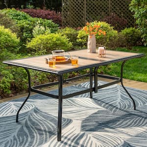 Black Rectangle Metal Patio Outdoor Dining Table with 1.57 in. Umbrella Hole and Wood-Look Tabletop