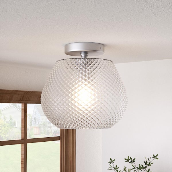Raleigh 9.8 in. Single Head Nickel Semi-Recessed Ceiling Light with Glass Shade.