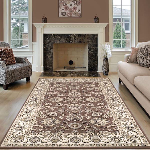 Lille Brown 8 ft. x 10 ft. Rectangle Ornamental Floral Border Polypropylene Area Rug