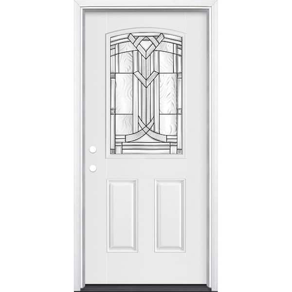 Masonite 36 in. x 80 in. Chatham Camber 1/2 Lite Right-Hand Primed Smooth Fiberglass Prehung Front Door w/ Brickmold, Vinyl Frame