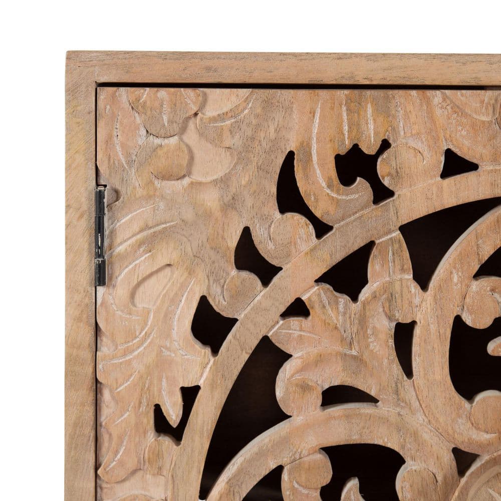 Saanvi Light Natural Mango Wood Carved Wall Cabinet, 20" x 6" x 20"