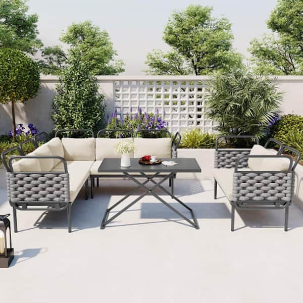 Unbranded Woven Rope 5-Piece Metal Frame Water Resistant Outdoor Sectional Sofa Set in Gray Beige with Glass Table and Cushions