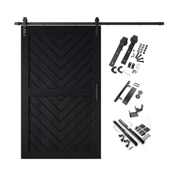 JT3 48 in. x 80 in. C-Panel Black Fishbone Design Solid Pine Wood Sliding Barn Door with Hardware Kit