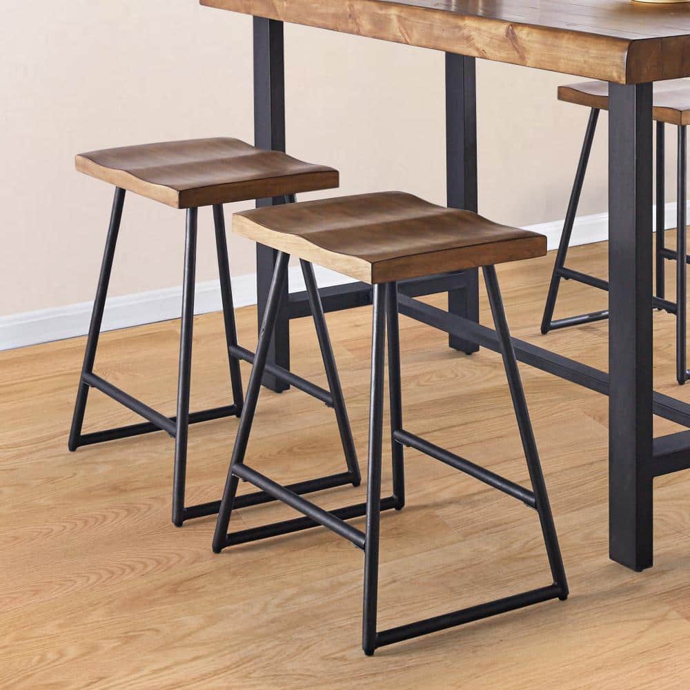 Rustic Saddle Style Brown Wood and Metal Counter Stool, 25" Height