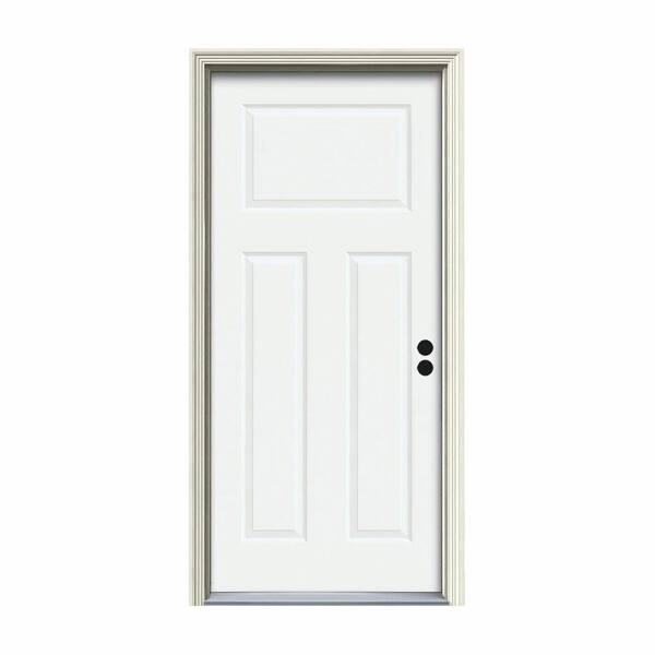 JELD-WEN 34 in. x 80 in. 3-Panel Craftsman White Painted Steel Prehung Left-Hand Inswing Front Door w/Brickmould