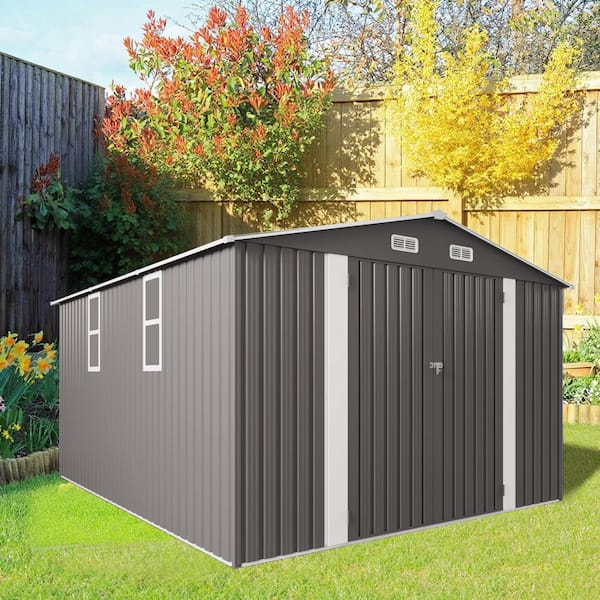 10 ft. W x 12 ft. D Grey Metal Storage Shed with Double Door and Two Window for Backyard, Patio, Garden(120 sq. ft. )
