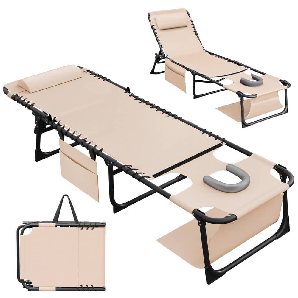 Metal Folding Outdoor Chaise Lounge with Face Hole, 5-Position Reclining Portable Patio Chair, Beige price history on PriceWatchPro