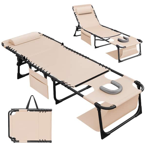 Metal Folding Outdoor Chaise Lounge with Face Hole, 5-Position Reclining Portable Patio Chair, Beige
