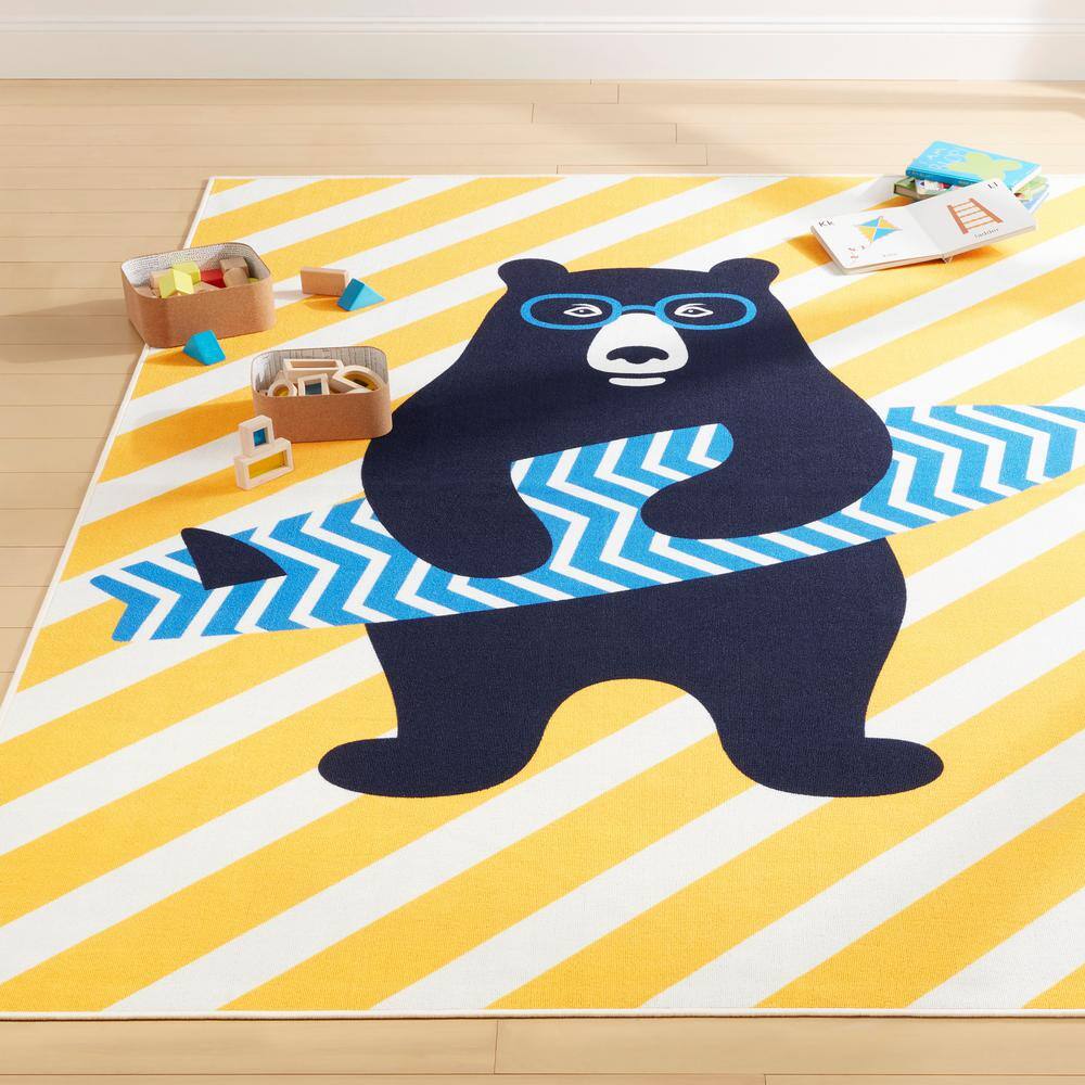 Blue and Gold Striped Kids Washable Synthetic Area Rug 4' x 6'