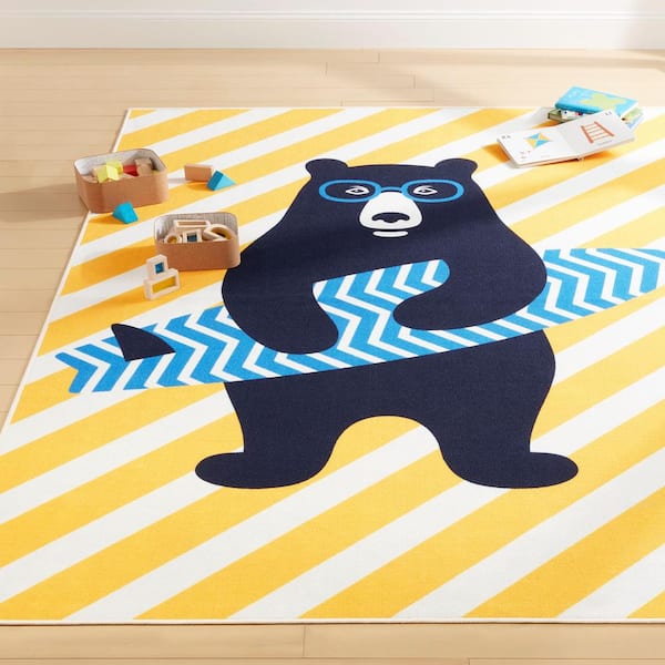 Imagine Surfer Bear Gold/Blue 3 ft. x 5 ft. Kid's Washable Area Rug