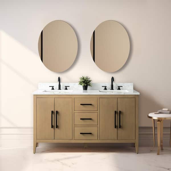 Vanity Art 60 in. W x 22 in. D x 34 in. H Double-Sink Bathroom Vanity in Natural Oak with Engineered Marble Top in Arabescato White