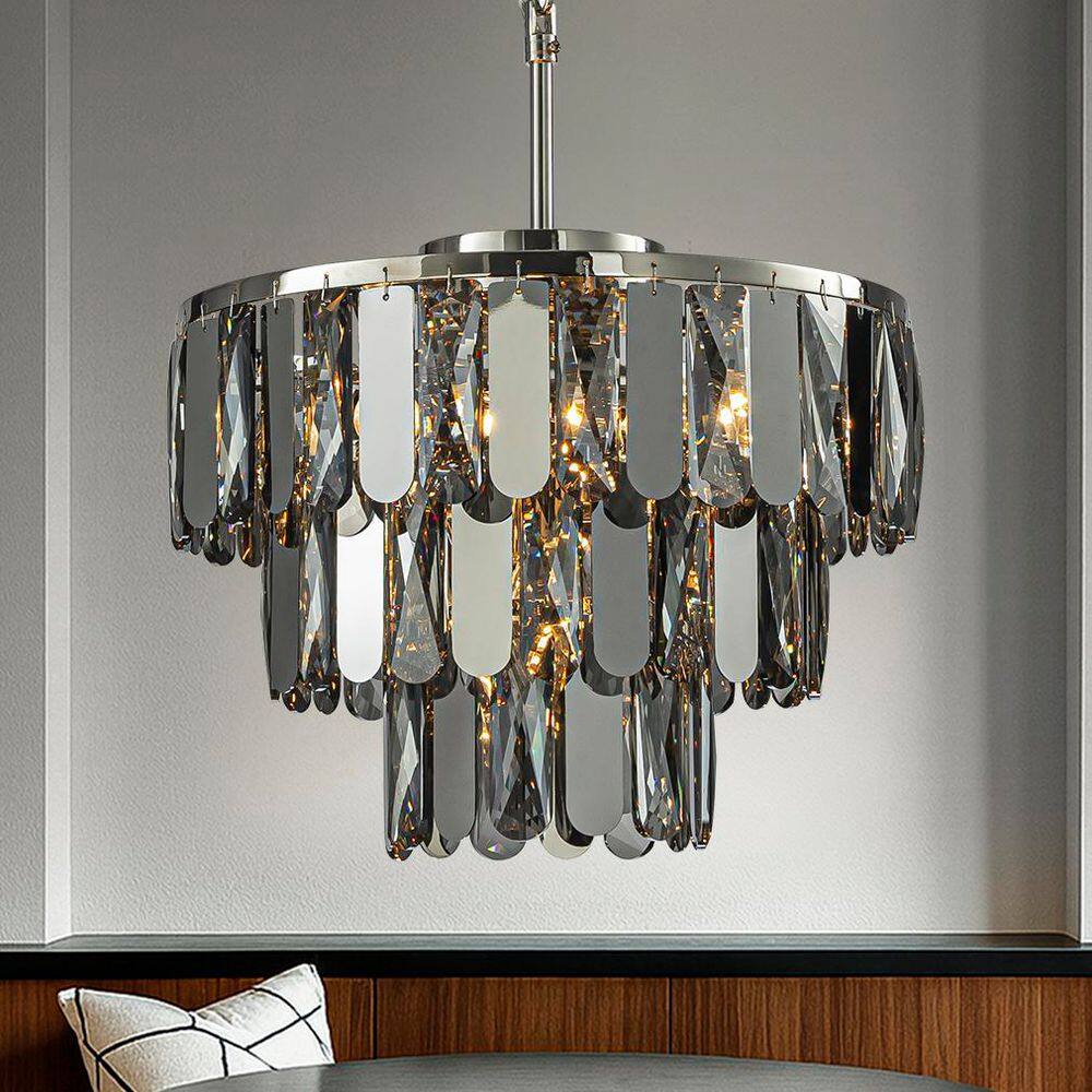 4-Light W14 in. Polished Nickel Modern and Contemporary 3-Tier Round Chandelier with Smoked Crystal for Dining Room price history on PriceWatchPro