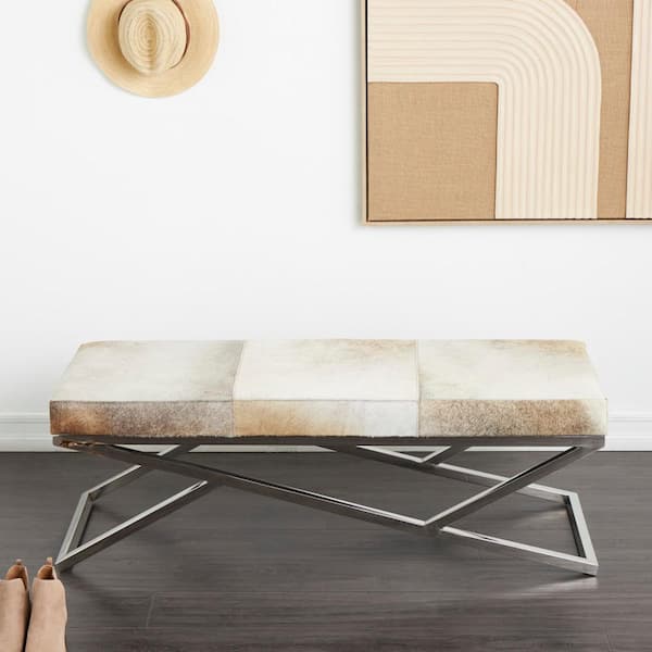 Litton Lane 18 in. Light Gray Geometric Bench with Angled Silver Metal Base