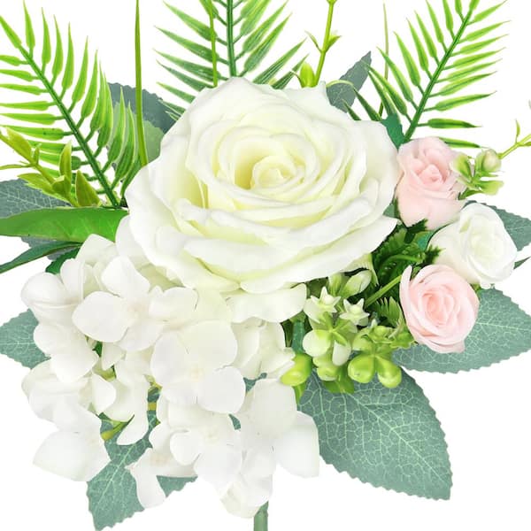 11 in. Cream White Artificial Delicate Mixed Rose Hydrangea Flower Stem Bush Bouquet (Set of 4)